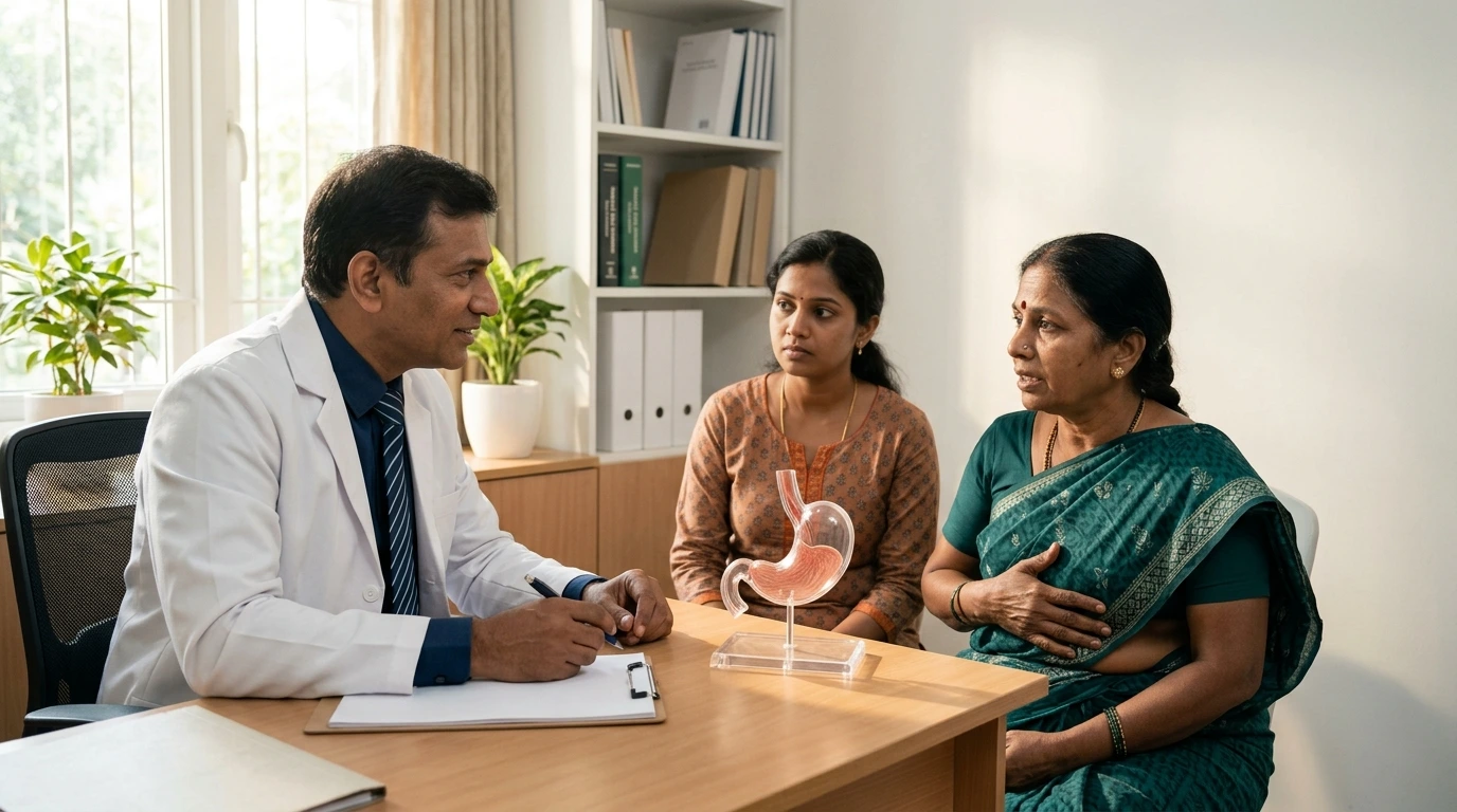 A gastroenterologist in Chennai listening as an older patient describes her upper abdominal symptoms, with her daughter present for support