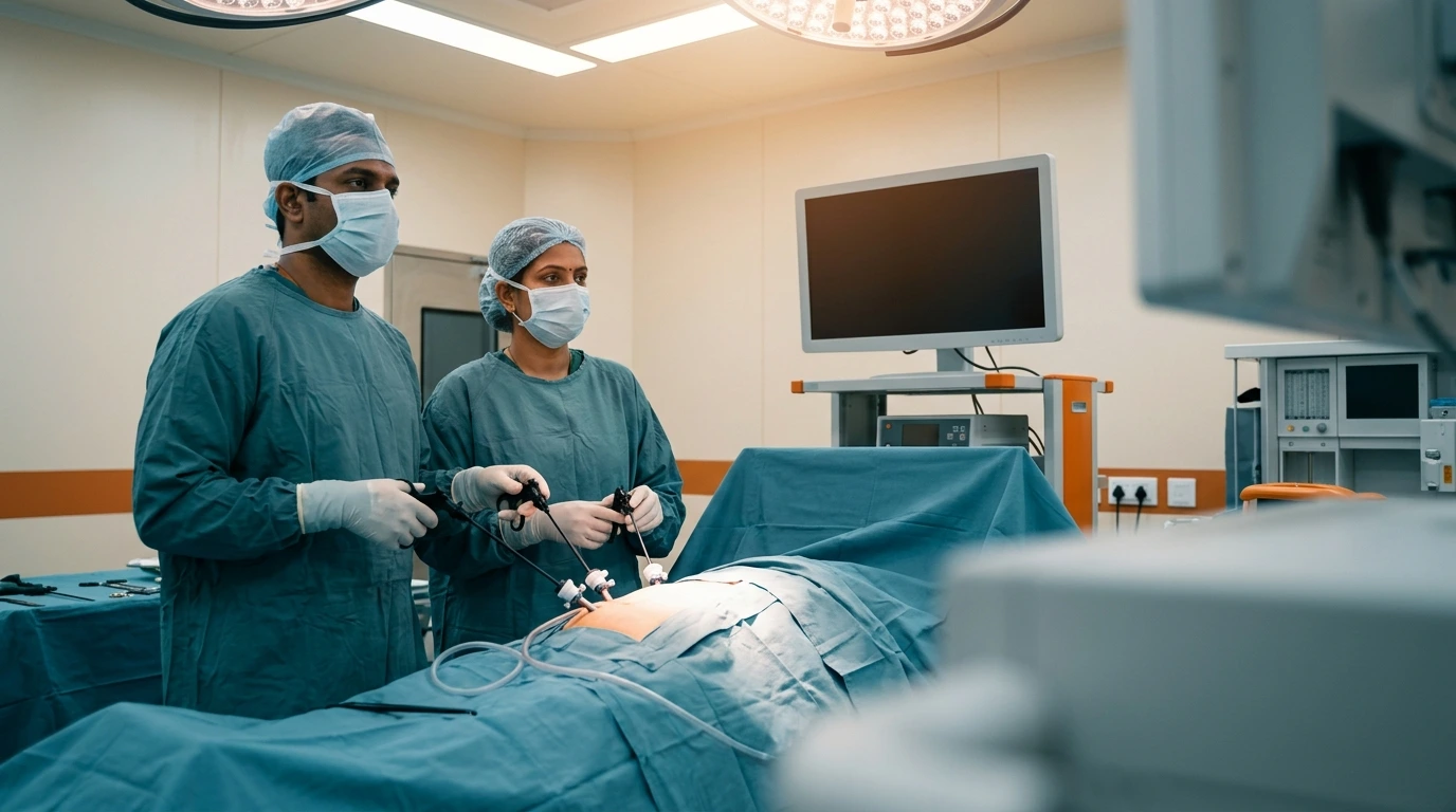 Two surgeons performing a minimally invasive keyhole procedure with laparoscopic instruments in a Chennai operating theatre