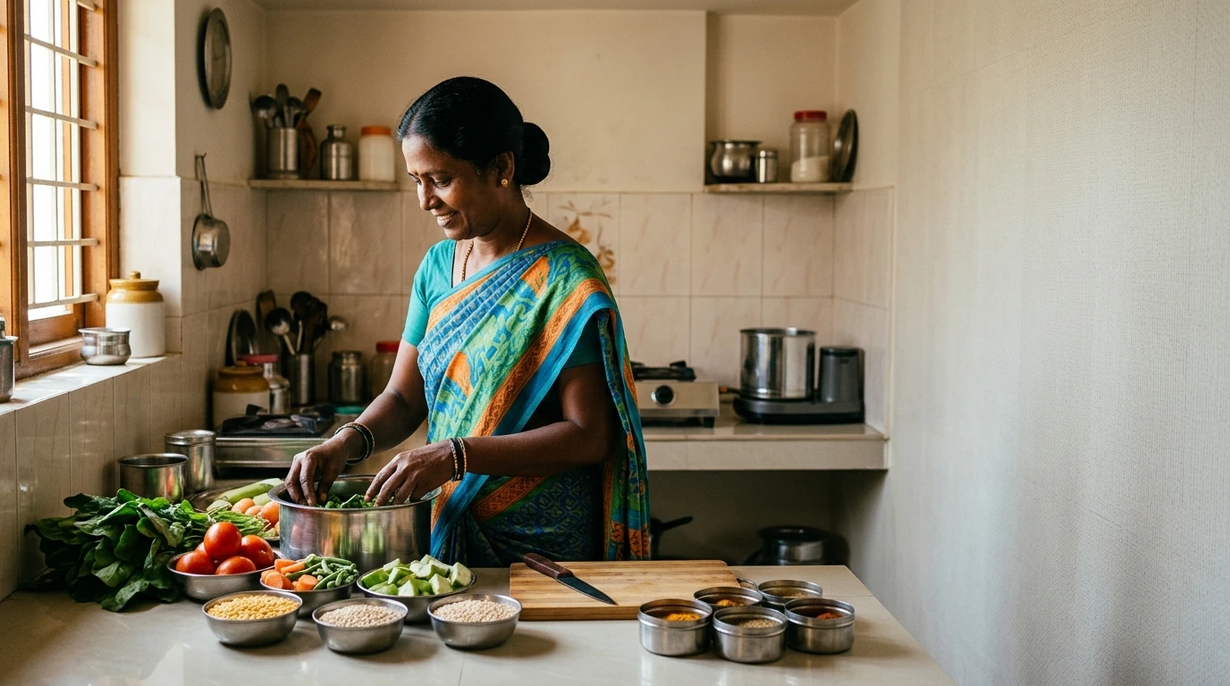 Freshly prepared home-cooked South Indian vegetarian food — leafy greens, tomatoes and lentils — the kind of hygienic, protein-adequate cooking advised after a liver transplant